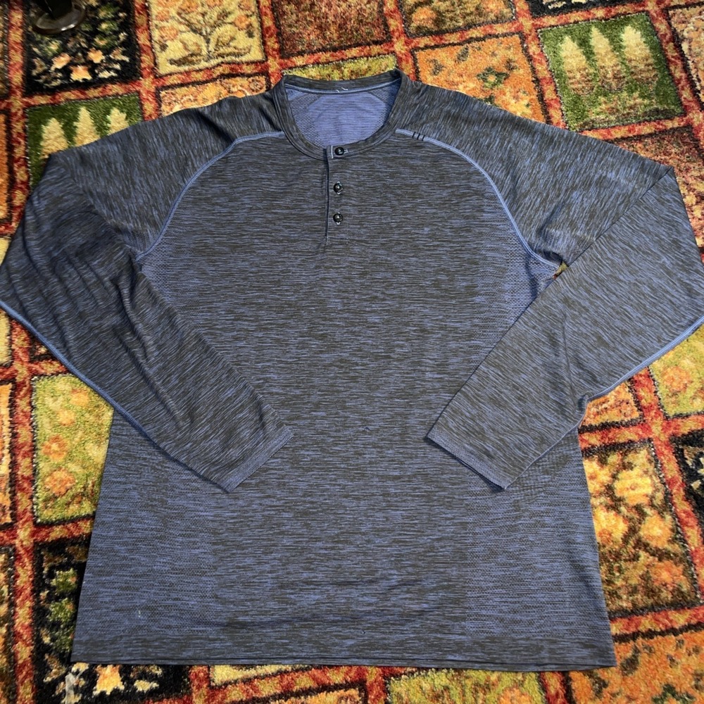 Lululemon Shirt Mens Large Blue Long Sleeve Henley Performance Athletic Top Read